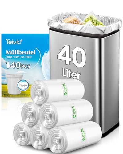 Teivio 40 Liter (für 35–40 l) große Müllsäcke, 140 Stück, mittelschwere Müllbeutel, dicke Kunststoff-Müllbeutel für Badezimmer, Küche, Büro, transparent Teivio 40 Liter (für 35–40 l) große Müllsäcke, 140 Stück, mittelschwere Müllbeutel, dicke Kunststoff-Müllbeutel für Badezimmer, Küche, Büro, transparent