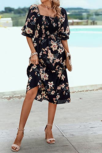 PRETTYGARDEN Women's Summer Casual Dresses 2025 Spring Puff Sleeve Square Neck A-line Flowy Boho Floral Smocked Midi Dress - Image 7