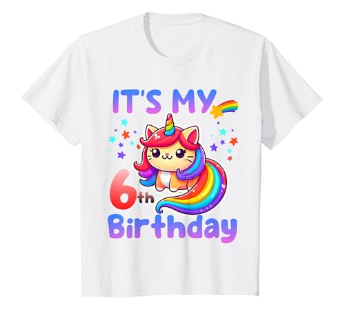 Niños Fiesta de 6 años con diseño de unicornio y gato para niña Camiseta