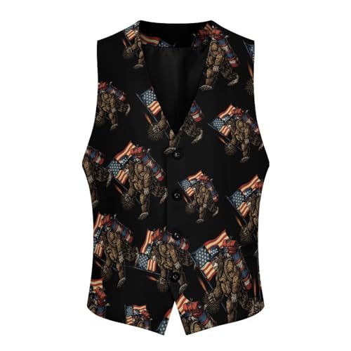 Camping Bigfoot U.S. Flag Novelty Men's Suit Vest Funny Formal Dress Vests Business Waistcoat3