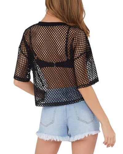 CLOZOZ Women's Mesh Crop Top See Through Fishnet Shirt Crew Neck Sheer Cover Up2