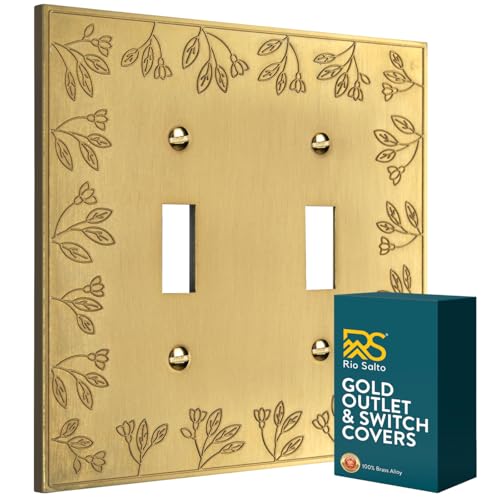 Rio Salto Brushed Gold Decorative 2 Light Switch Cover Double Toggle Switch Plate 2 Gang Toggle Wall Plate Flip Switch Premium Metal Wall Plates Floral Collection, Midsize 5.00" x 5.00"