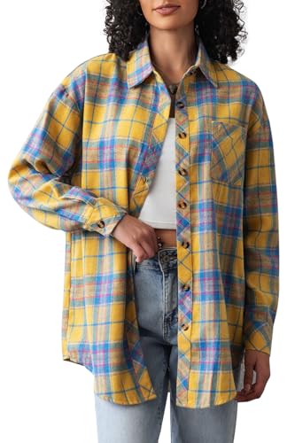 Image of CHYRII Womens Button Down Flannel Shirts Long Sleeve Plaid Shackets Business Casual Blouse Top