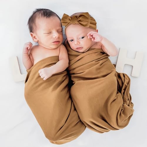 Image of GRSSDER Newborn Swaddle Blanket, Ultra Soft Jersey Receiving Blanket with Matching Headband and Beanie Set, 47x47 inch Extra Large Nursery Swaddle Wrap for Girls and Boys