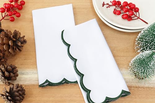 Image of PurpleEssences Scalloped Cloth Napkins 18x18 in - White Edges Forest Green