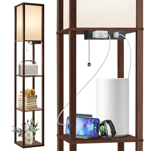 Image of OUTON Floor Lamp with Shelves, LED Shelf Floor Lamp with USB & Type C Ports, 1 AC Outlet, 3 Color Temperature, Storage Display Wood Column Tall Standing Lamp for Living Room, Bedroom Office, Walnut
