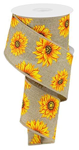 Image of Yellow Sunflower Fabric Wired Ribbon - 2 1 /2 inch x 10 Yards, Beige, Easter, Spring Decor, Summer, Thanksgiving, Birthday, Wedding Decor, Fundraiser, Wreath, Birthday, Christmas, Reception, Mother's Day