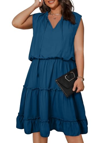Eytino Womens Plus Size Sleeveless V Neck Drawstring Ruffle Tiered Chiffon Mini Short Dresses,(1X-5X)