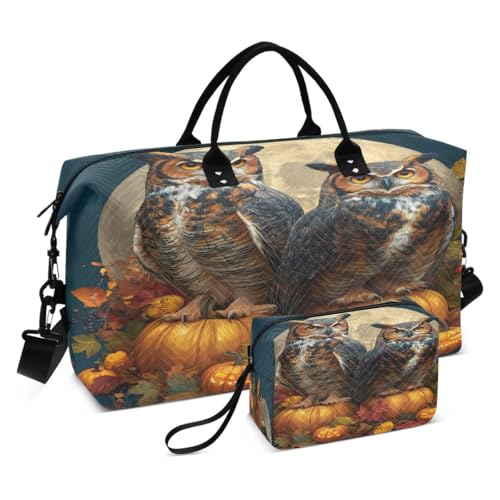 Owl Moon Pumpkin Maple Leaf Travel Duffle Bag Gym Bag Weekender Bags with Toiletry Bag Travel Trip Tote Bag