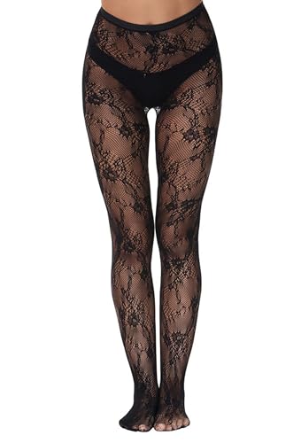 Henwarry High Waist Tights Lace Patterned Fishnet Stockings Thigh High Pantyhose for Women (US Alpha One Size Regular Regular A03-Black-F)