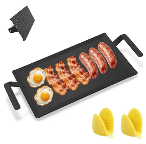 Carbon Steel Double Burner Griddle for Gas Grill–19.6" x 10.5" Flat Top Griddle Pan with Smash Burger Press& Heat Resistant BBQ Gloves,Stovetop & Induction Griddle Plate for Charbroil, Camp Chef