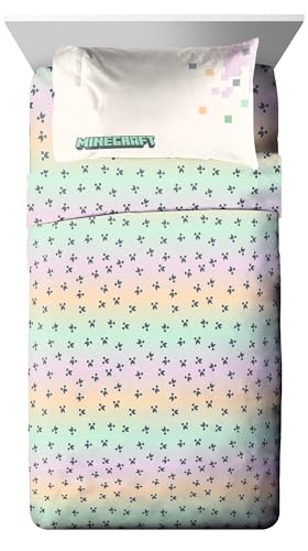 Image of Minecraft Creeper Full Size Comforter Set 7 Piece Kids Bedding, Pink | Gaming, Bed in a Bag, Comforter Sheets Shams Pillowcases, Official Product, Soft Microfiber, Machine Washable, Girls Gift