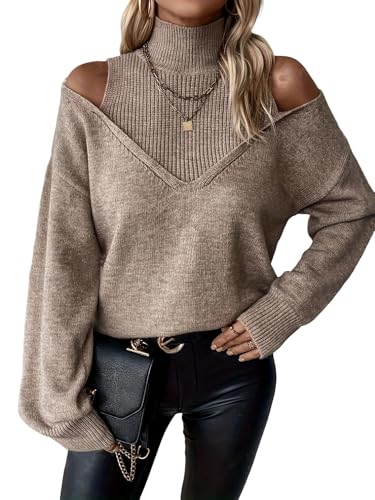 MARZXIN Womens Casual Fall Long Sleeve Turtleneck Sweater Off The Shoulder Ribbed Edge Pullover Tops