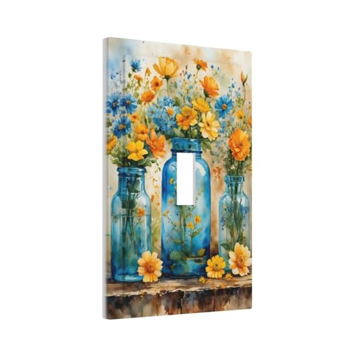 Decorative Switch Covers Plate Rustic Yellow Flowers Floral Blue Bottles 1 Gang Wall Plate Oversized Single Toggle Wall Cover Plate Jumbo Electrical Light Switch Plate Faceplate