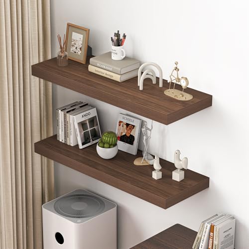 Image of Dreamland 40 inch Floating Shelves for Wall, 12 inch Deep Thicker Walnut Floating Shelves, Wall-Mounted Shelves for Bedroom, Living Room, Kitchen, Bathroom - Set of 2