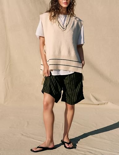 Image of Women's V Neck Sweater Vest Loose Knit Sleeveless Poncho Side Binding Fringe Pullover Tank Tops