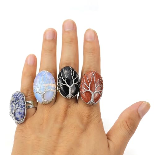 Fignamt FIGA-7J-JZ-A01 7 Pcs Oval Healing Crystal Girls Ring Hand Wrapped Copper Wire Tree Of Life thumb #3