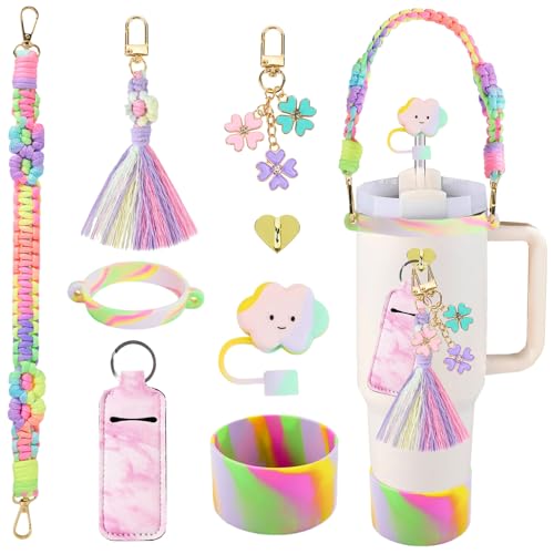 Stanley Cup Accessories iridescent 8pcs Set Including Water Bottle Handle Strap,Silicone Cup Boot, Straw Cover,Stanley Charms for 30oz/40oz Tumbler (Colorful)