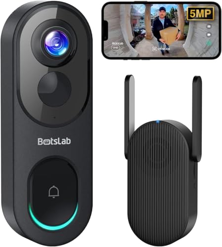 BOTSLAB 5MP Video Doorbell Camera Wireless No Monthly Fee 1:1 Head-to-Toe with 360 View 150-Day Battery Life Triple Motion Detection Doorbell Camera Pre-installed 32GB SD Card WiFi Base Station