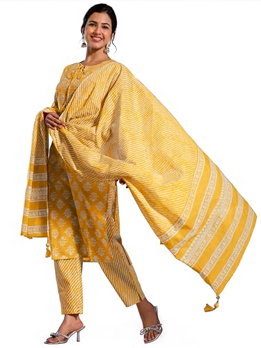 Image of MIRCHI FASHION Women's Straight Fit Cotton Ethnic Block Motif Printed Kurta Set with Dupatta and Trouser