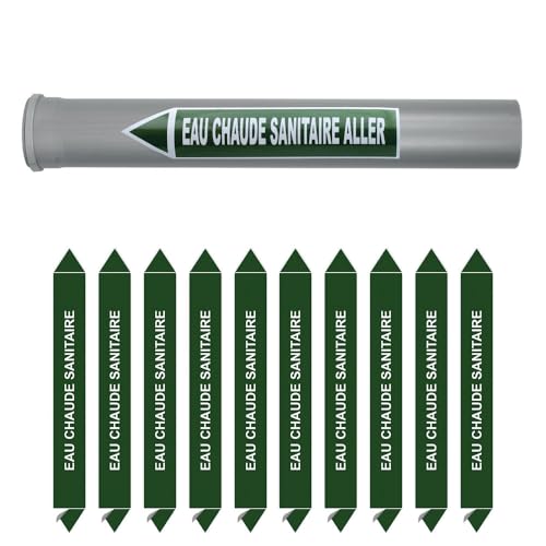 Aluplex Signalétique – Tabla de 10 marcadores de tubería de agua (Ø DM 32 a 60) para fluido agua caliente sanitaria/200 x 26 mm