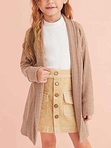 Cutoluca Toddler Baby Girl Knitted Sweater Long Sleeve Cardigan Open Front Coats Fall Winter Kids Solid Long Jacket (Khaki, 6-7 Years) #TOP1
