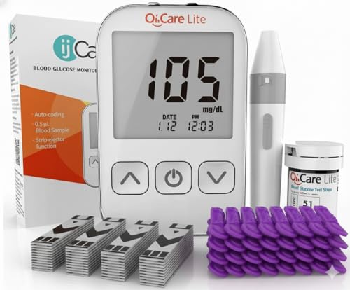 Oh’Care Lite Blood Sugar Test Kit – Blood Glucose Meter with Strips and Lancets, Lancing Device, Log, and Case - One Touch Eject Glucometer (50 Strips & 50 Lancets)