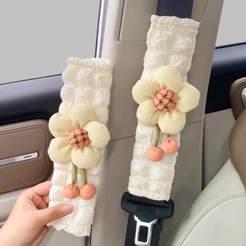 Zigihos Cute Flower Car Seat Belt Cover Pads 2 Pack & 4 Pack Car Accessories Seat Belt Cushion Neck Cushion Shoulder Strap Protector Universal Seat Belt Cover for Adults and Kids (White,2)