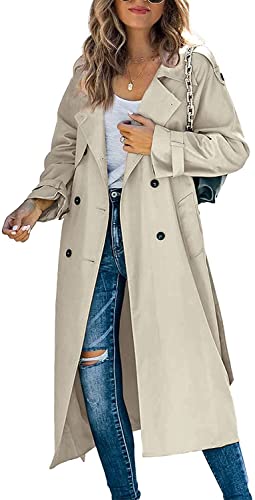 FeMereina Women's Double Breasted Long Trench Coat with Belt (Khaki, X-Large)