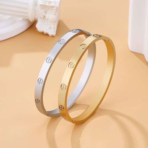 18K Gold Bangle Bracelets for Women, Stainless Steel Bracelets18K Real Gold Plated with Love 5A Cubic Zirconia, Friendship Love Bracelets Jewelry gifts for women4