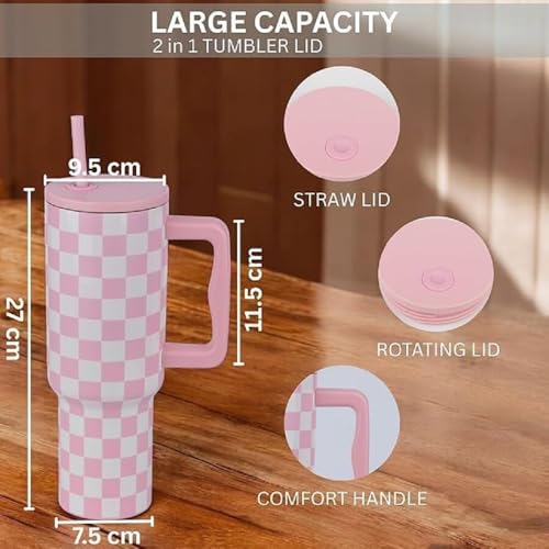 Image of Stainless Steel 1200 ml Vacuum Tumbler with Lid & Straw - Double‑Wall Insulated Cup for Travel, Gym & Office - Keeps Beverages Hot or Cold - 1.2 L Capacity (Pink Checks)