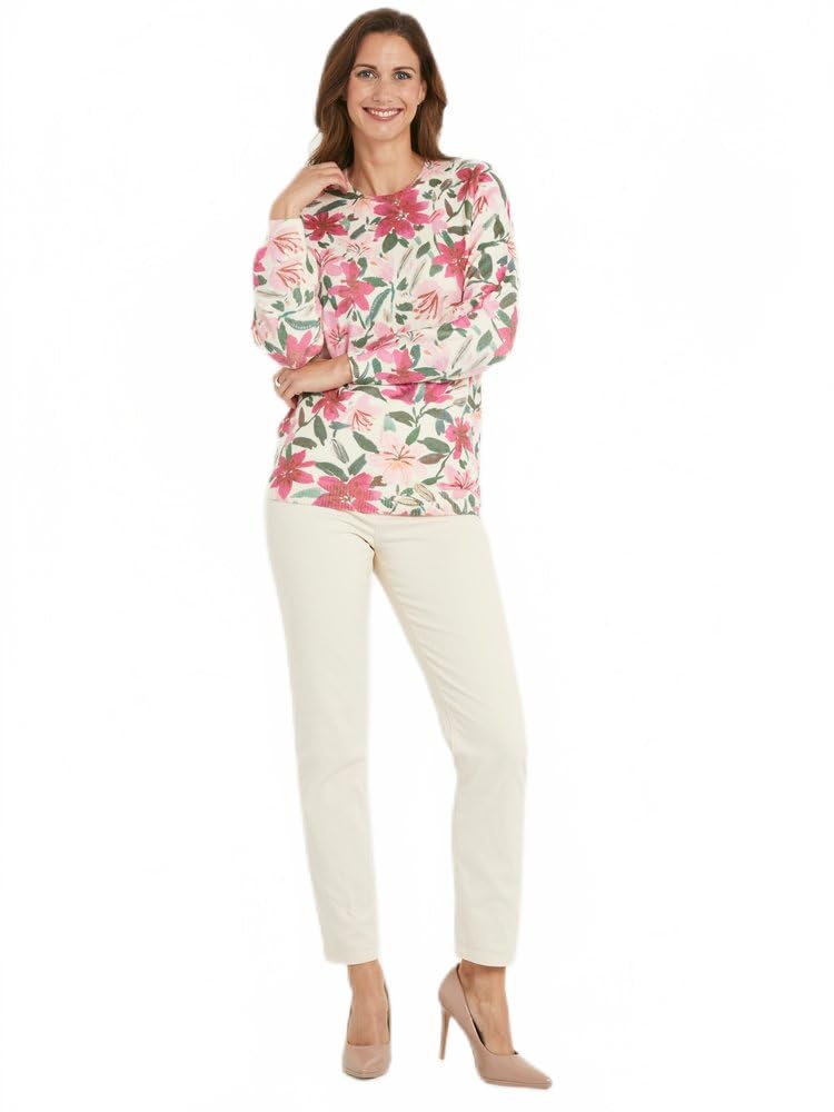 Afibel - Pull Doux Imprimé Fleurs Col Rond Femme Rose Acrylique - Taille : 46/48
