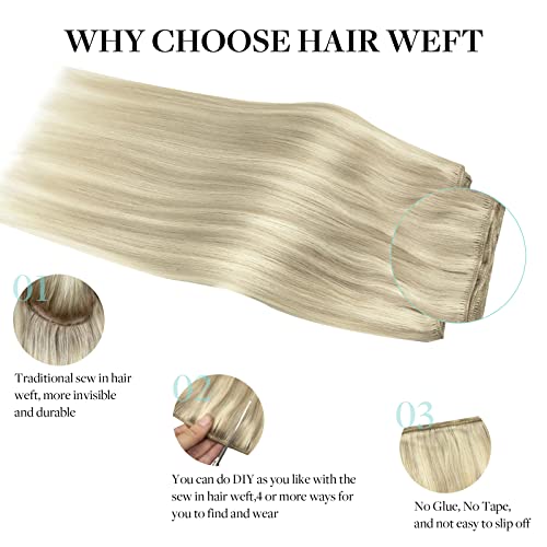 Sew In Hair Extensions Real Human Hair, Doores Ash Blonde Highlighted Platinum Blonde 22 Inch 100G Natural Weave Hair Remy Human Hair Extensions Full Head Long Straight Sew In Weft Hair Extensions #TOP4