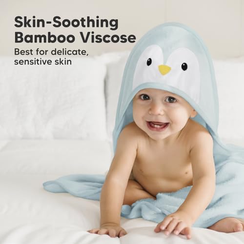 Image of KeaBabies Hooded Baby Towel for Newborn, Baby Bath Towels (Penguin, 35x35) | Viscose Derived from Bamboo, Large Baby Towels with Hood, Boys, Girls, Toddler, Soft Absorbent Baby Bath Essentials