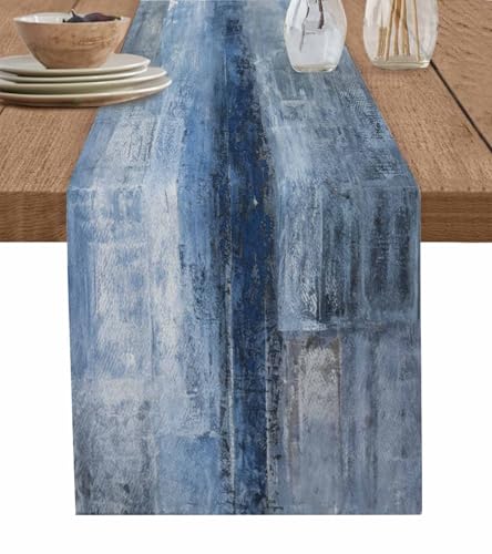 Burlap Linen Table Runner - 72 Inch Long, Retro Rustic Art Abstract Modern Decor Kitchen Dining Table Runner Dresser Scarves, Blue Ombre Painting Farmhouse Decor for Coffee Table Wedding Party Banquet