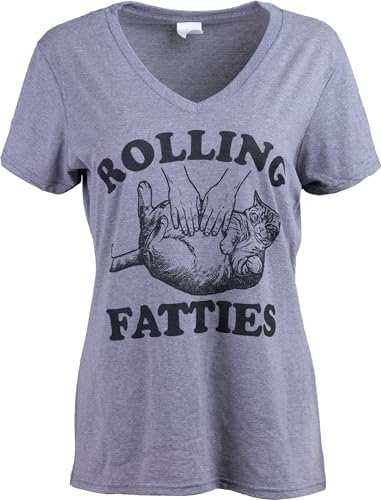 Rolling Fatties - Funny Cat Shirts for Women, Hilarious Novelty Clothing Rollin Cat T-Shirt - (Vneck,S)