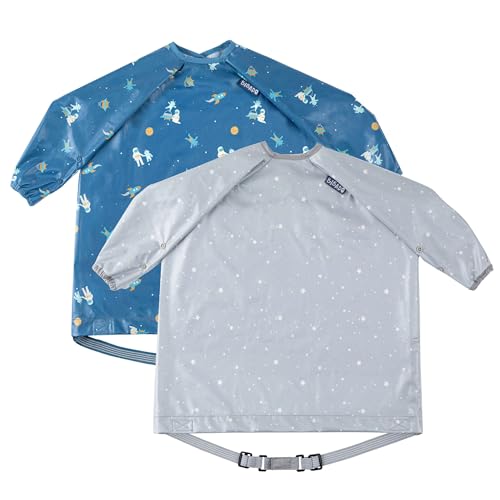 BIBaDO - Long Sleeve Baby Bibs - Babies & Toddlers 6-36 Months - Coverall Baby Led Weaning Bib - Easy Wipe, Soft & Waterproof (Super Stars & Astro Adventures)