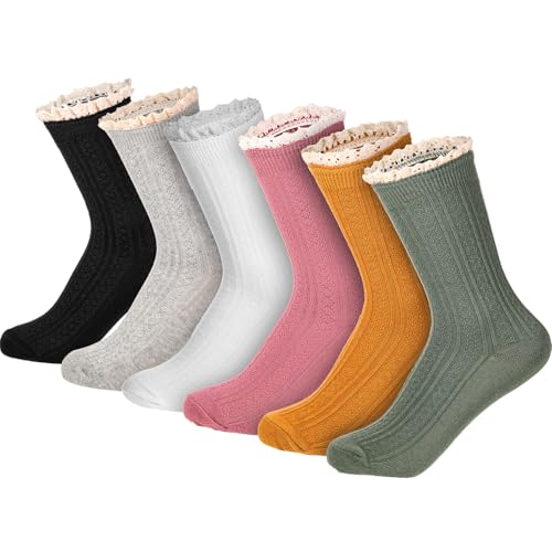 Image of Syhood 6 Pairs Women Ruffle Socks Frilly Lace Trim Cotton Cute Vintage Dress Crew Ankle Boot Socks