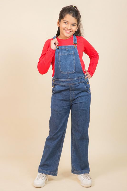 Image of Tweeny Mini Girls Pure Cotton Denim Dungaree With T-Shirts for Kids | Relaxed Fit Full Length Overall Outfit with Pockets | Adjustable Straps
