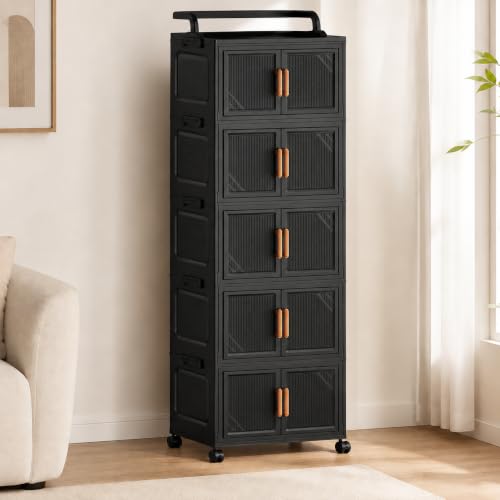 Image of KRISHYAM 5-Tier Plastic Storage Cabinet with Wheels, Water-Resistant Modular Clothes Organizer for Bedroom, Bathroom & Home, 133 x 46 x 27 cm, Black
