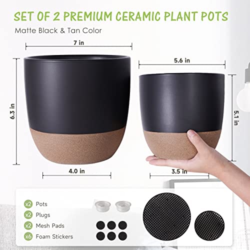 Joyonic Black Ceramic Planters For Indoor Plants,Set Of 2Pcs,7+5.6 Inch Plant Pot, House Plant Pots With Drainage And Plug,Flower Pot Nursery Planting Pot For Indoor Plants,Succulents,Snake Plant #TOP4