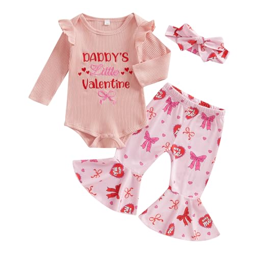 Image of Dcohmch 3PCS Newborn Infant Baby Girls Valentines Day Outfit Long Sleeve Ribbed Bodysuit Romper Bell Bottom Pants Headband