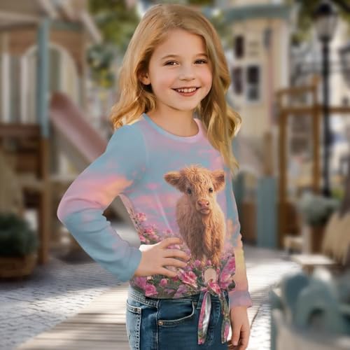 Girls Long Sleeve T-Shirt Casual Tie Hem Tee Tops Graphic Girls Crewneck Tee Soft Kids Clothes Fall2