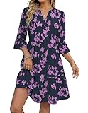 Zeagoo Kleid Damen Sommer V Ausschnitt Kleider Rüschen Ärmel Freizeitkleid Knielang A Linie Blumenkleid Gestuftes Kleider mit Taschen Floral B L