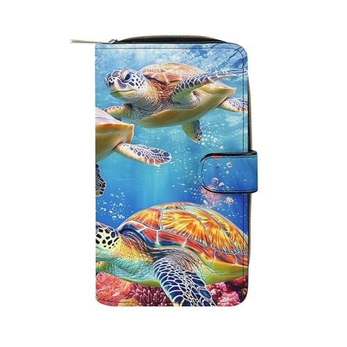 Colorful Sea Turtle Long Wallet PU Leather Credit Card Holder Durable Zippered Purse Clutch Wallet