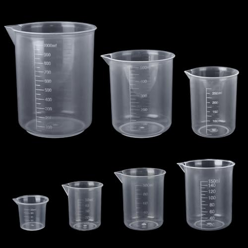 Juego de vasos medidores, 7 unidades de tazas medidoras de 25 ml, 50 ml, 100 ml, 150 ml, 250 ml, 500 ml, 1000 ml, vaso medidor de plástico ML con escala para laboratorio, cocina y detergente