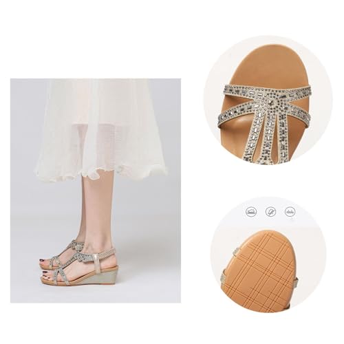 Women's Wedge Sandals, Womens Adjustable Elastic Straps Rhinestone Open Toe Wedge Sandals, Fashion Summer Non-slip Roman Shoes, for All Kinds of Clothes Such as Jeans, Casual Pants2