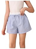 BEAUDRM Girl's Striped Mini Shorts Bowknot Elastic Waist Wide Leg Summer Shorts with Pocket Blue 8Y