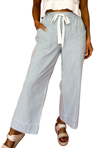 SELINK Casual Stripe Pants for Women Elastic Waist Drawstring Loose Straight Wide Leg Daily Trousers with Pockets