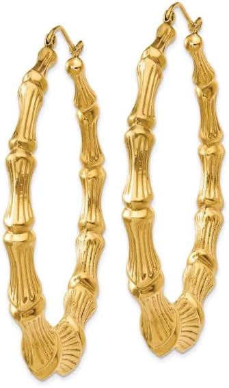 14K Yellow Gold Large Bamboo Hoop Earrings 56mm Round Polished Texture Snap Back For Women Big Statement Gift - Image 4